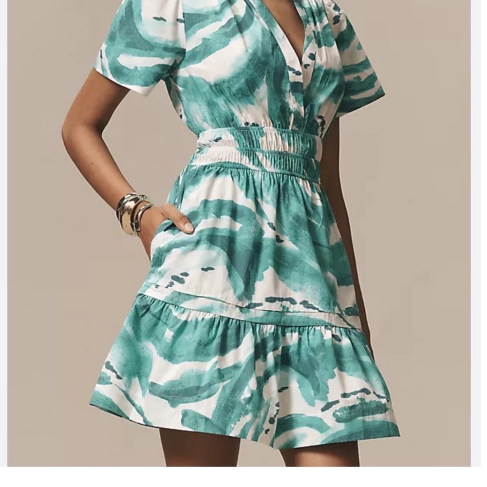 Anthropologie Somerset Mini Dress Turquoise White Abstract Smocked Cotton L NEW